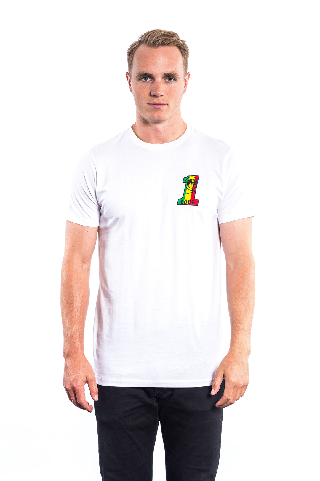 Model wearing 1 LOVE shirt, a white Hanes men&