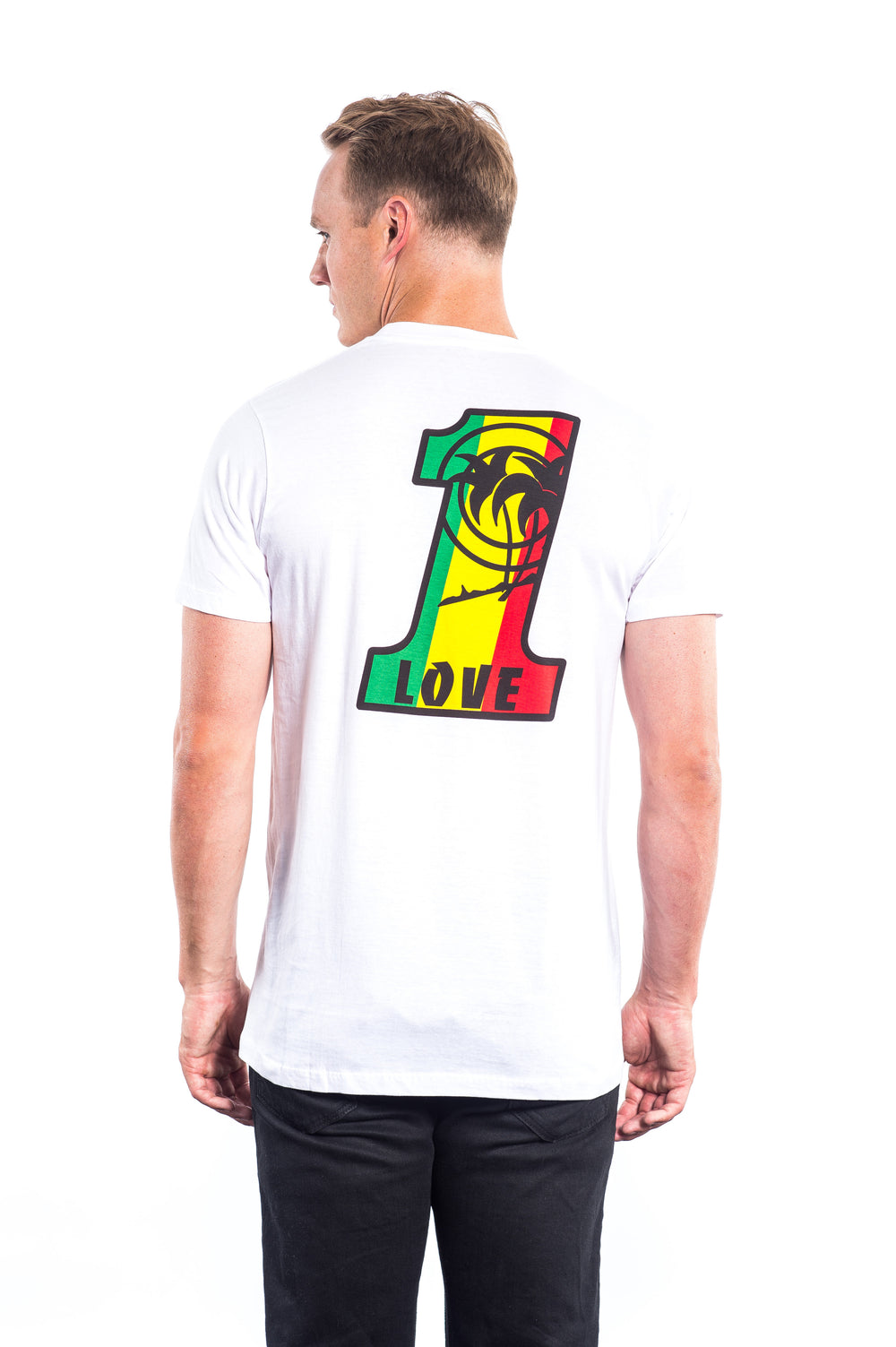 Man wearing 1 LOVE white Hanes men's 100% cotton short sleeve shirt with colorful design on back.