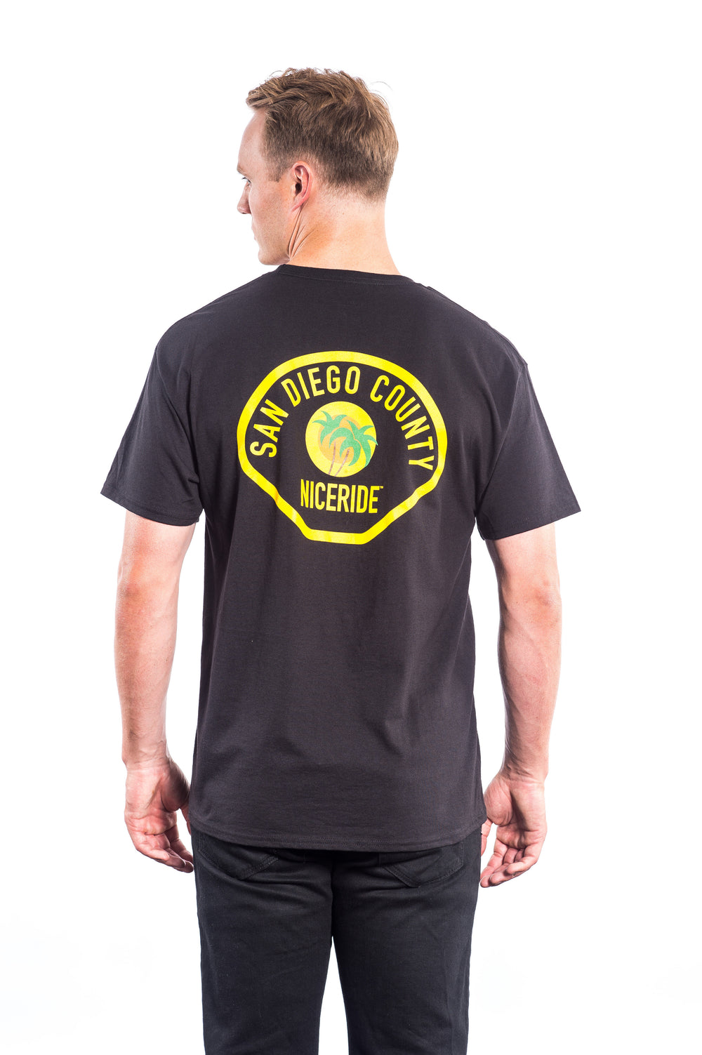 Men's black Hanes 100% cotton short sleeve shirt with 'San Diego County' design on the back.