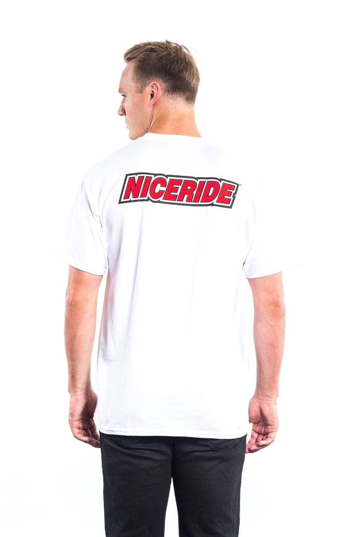 Back view of a man wearing a Slick - White Hanes Men&