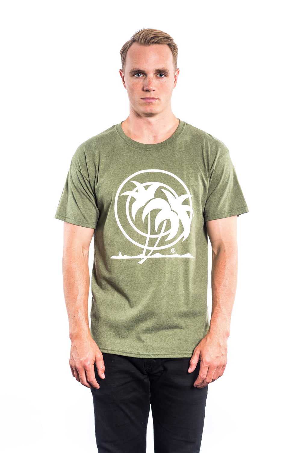 Classic Palm t-shirt for men in olive green with palm tree logo, perfect for casual wear and outdoor activities.