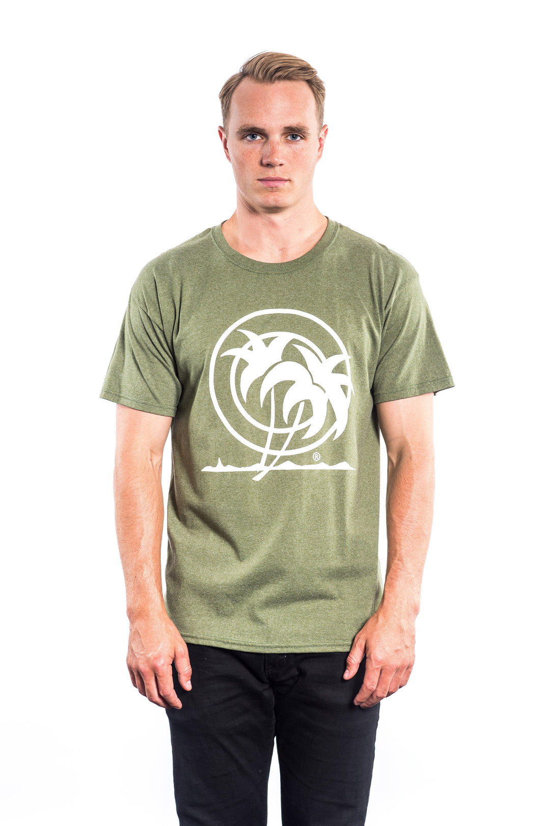 Classic Palm t-shirt for men in olive green with palm tree logo, perfect for casual wear and outdoor activities.