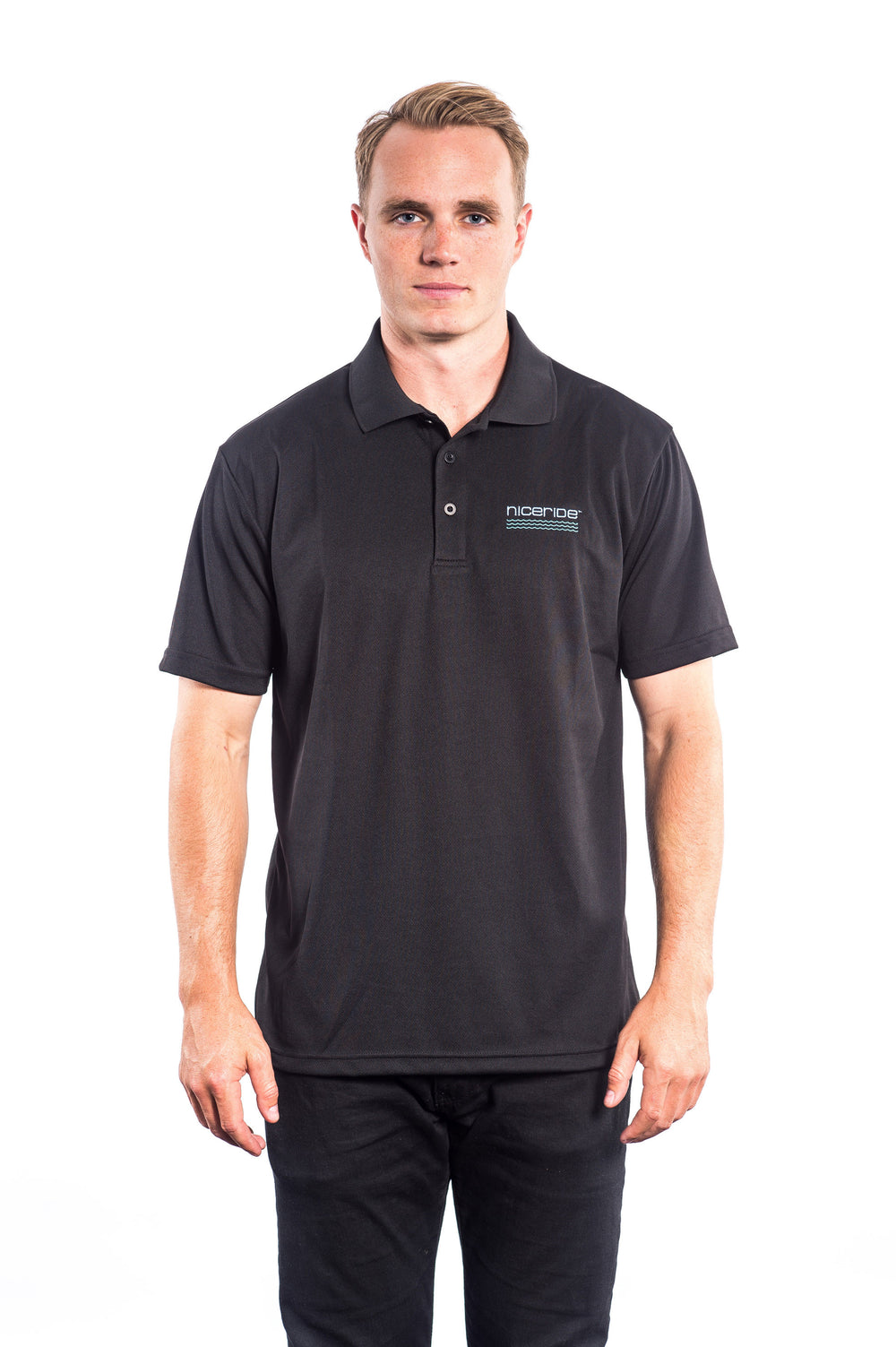 Men's golf shirt, black polo shirt with NICERIDE design, perfect for outdoor and indoor activities.