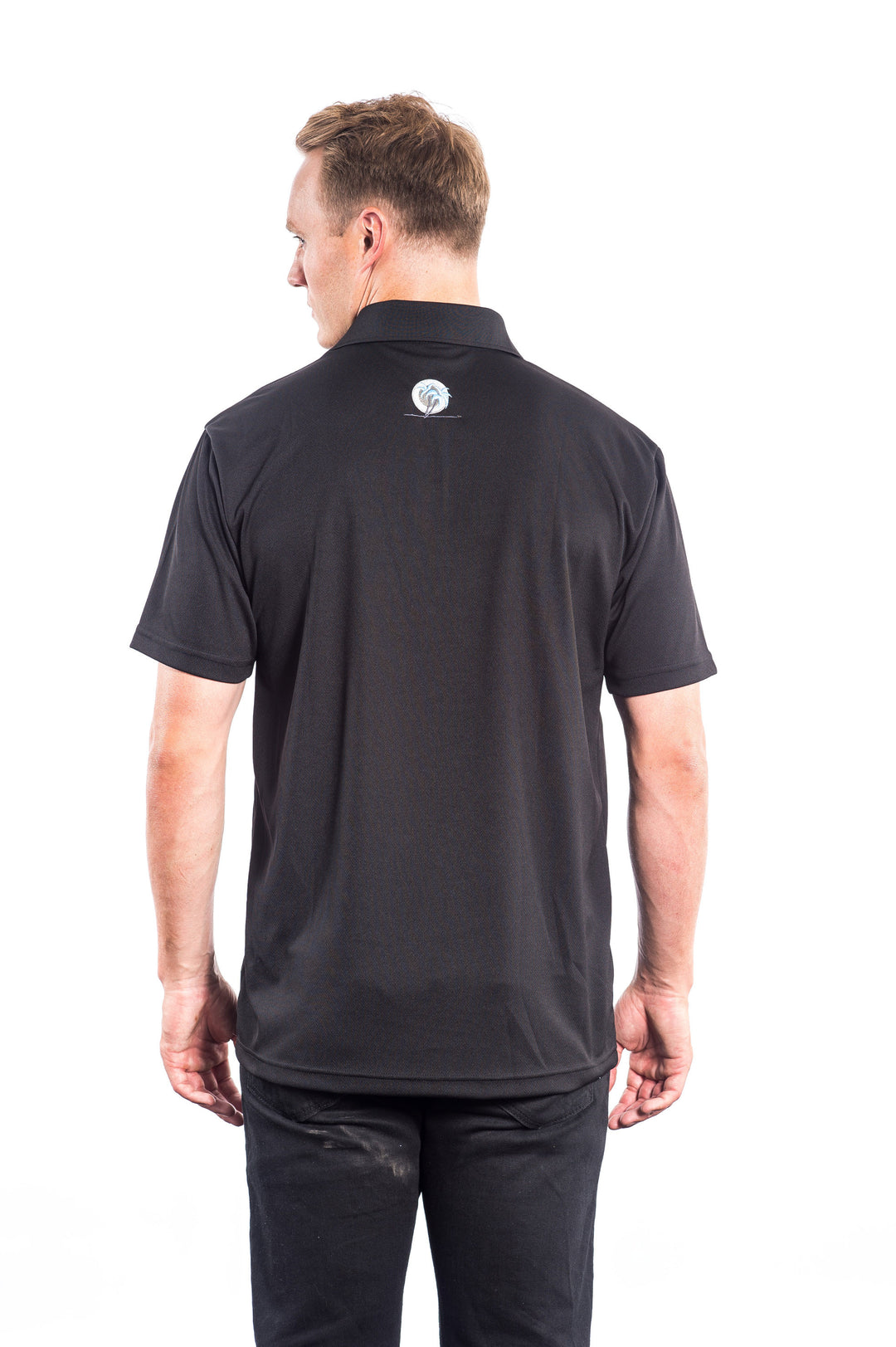 Back view of a man wearing a black shirt with NICERIDE&