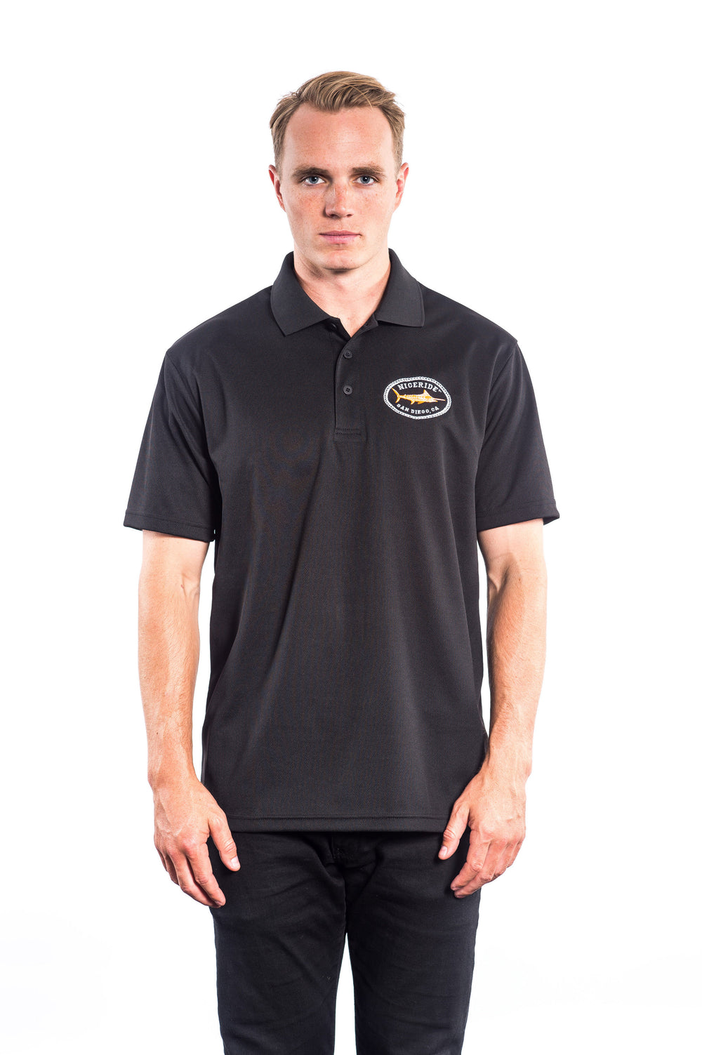 Men's Golf Shirt, black with 'Reeling It In' design, perfect for indoor and outdoor activities.