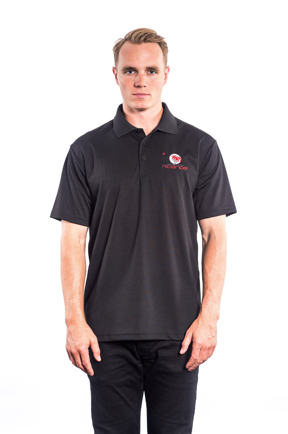 Black NR Republic golf shirt featuring embroidered design on chest and logo on back.