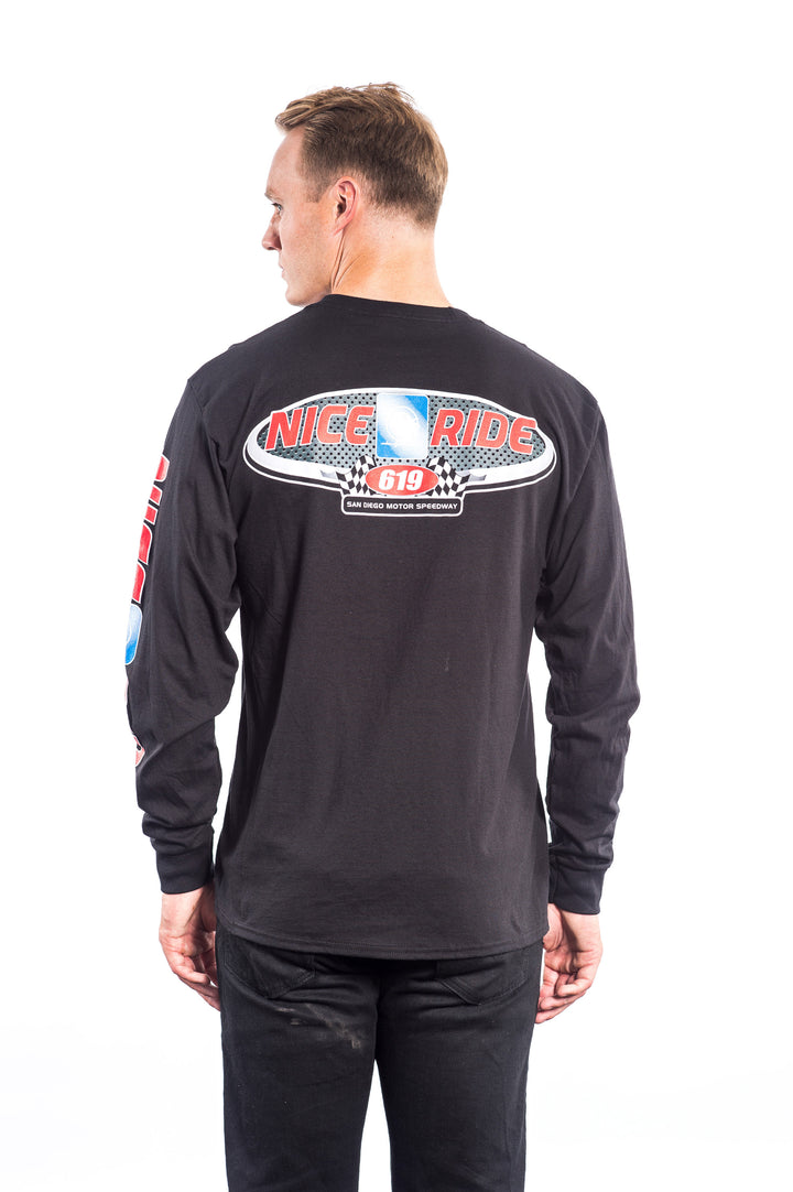 Black long sleeve shirt featuring NICERIDE 619 design on the back and left sleeve.