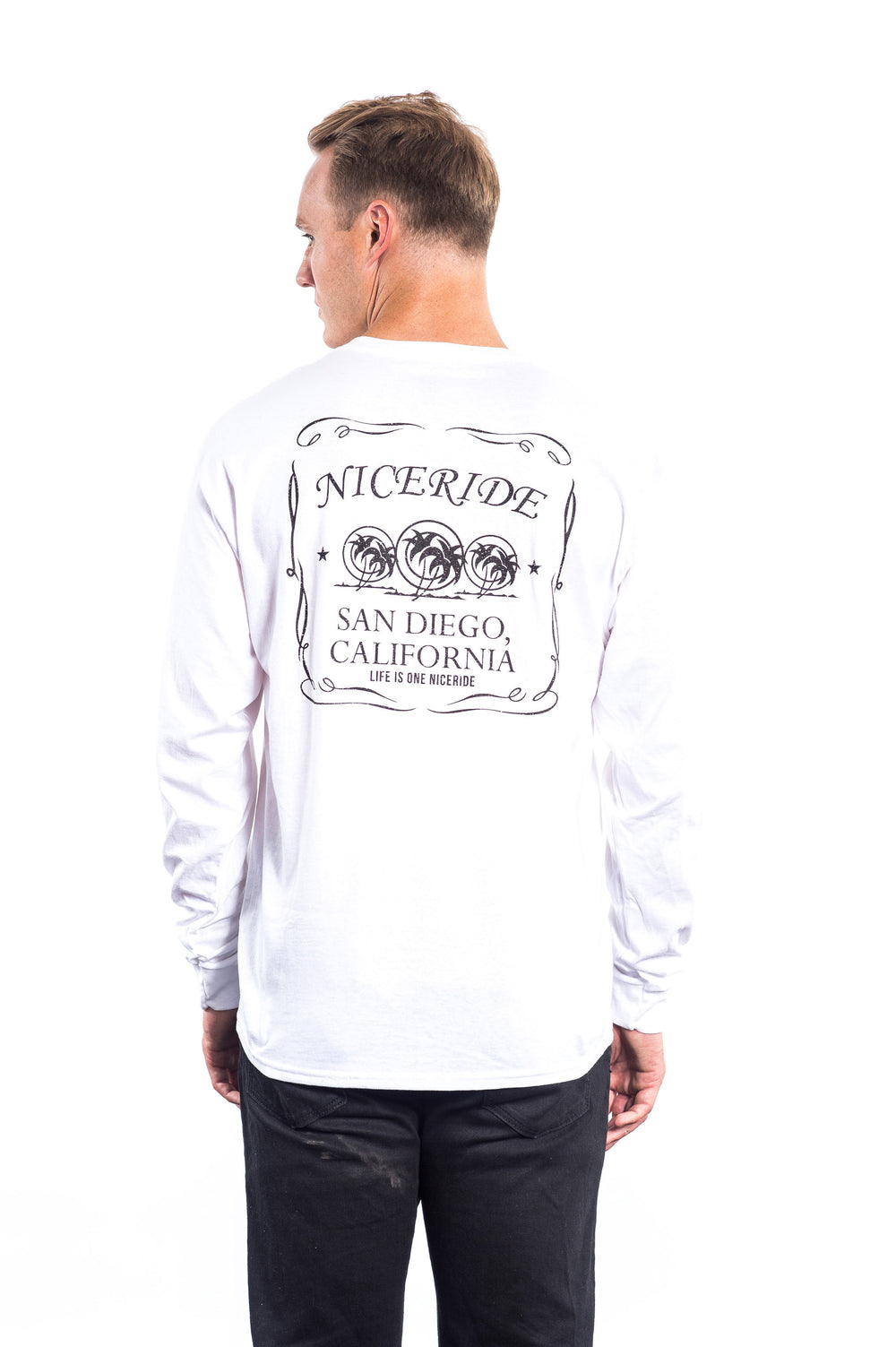 Hanes Pre-Shrunk 100% Cotton Men's Long Sleeve Shirt featuring NICERIDE design on the back, ideal for various occasions.