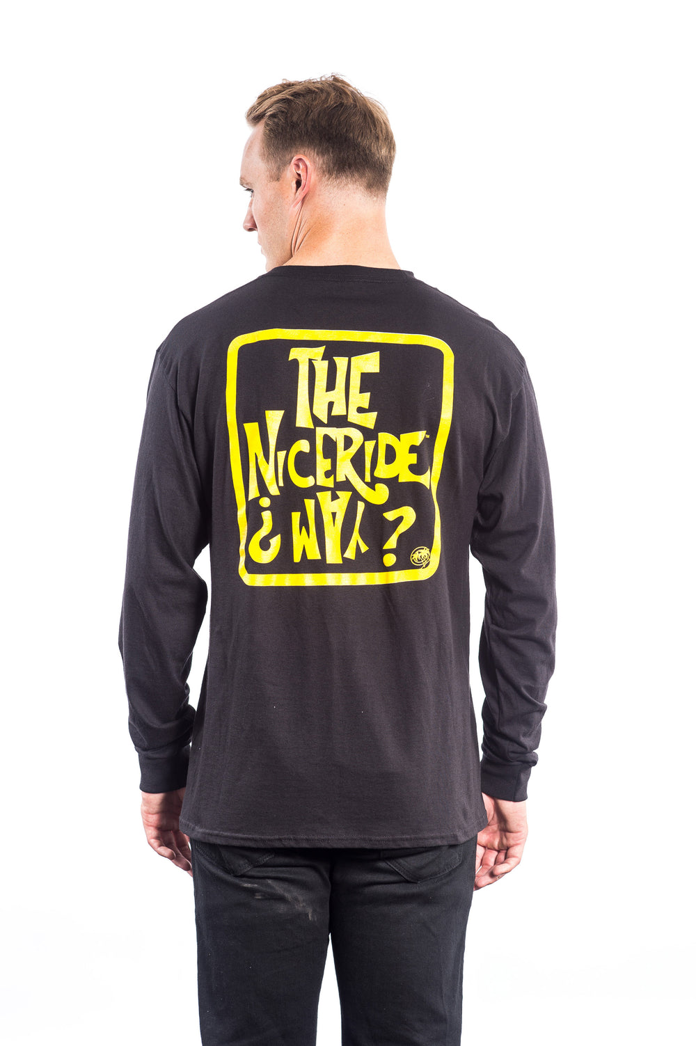 Niceride Way - Black Hanes Men's Long Sleeve Cotton T-Shirt worn by a model showing back design.