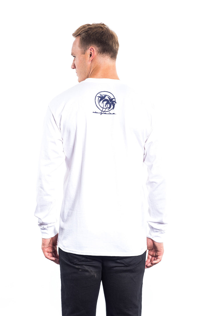Model wearing the Life is - White Hanes long sleeve men&