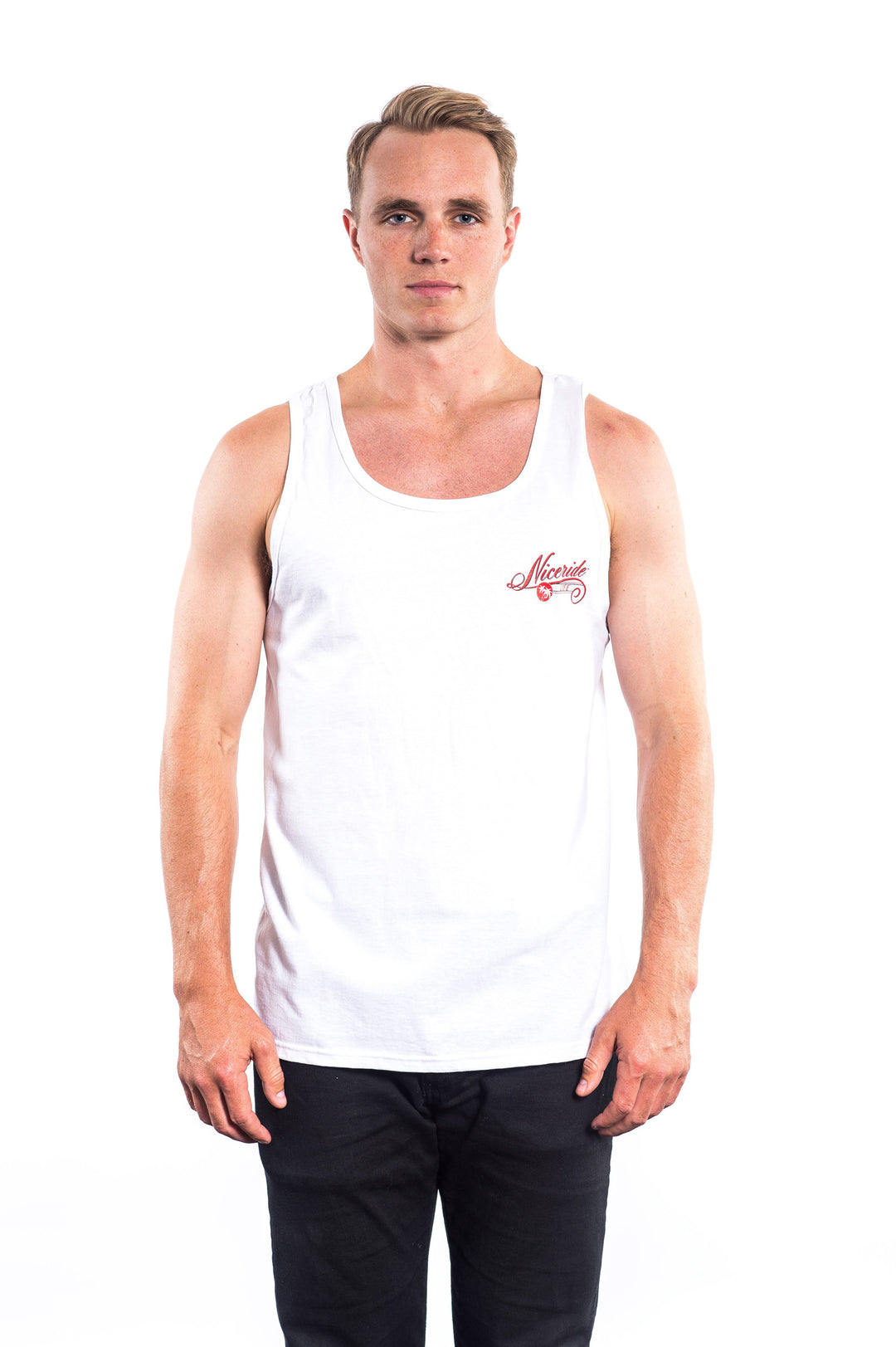 The Life - White Fruit Of The Loom Mens Tank Top featuring a logo on the left chest, perfect for daily wear and activities.