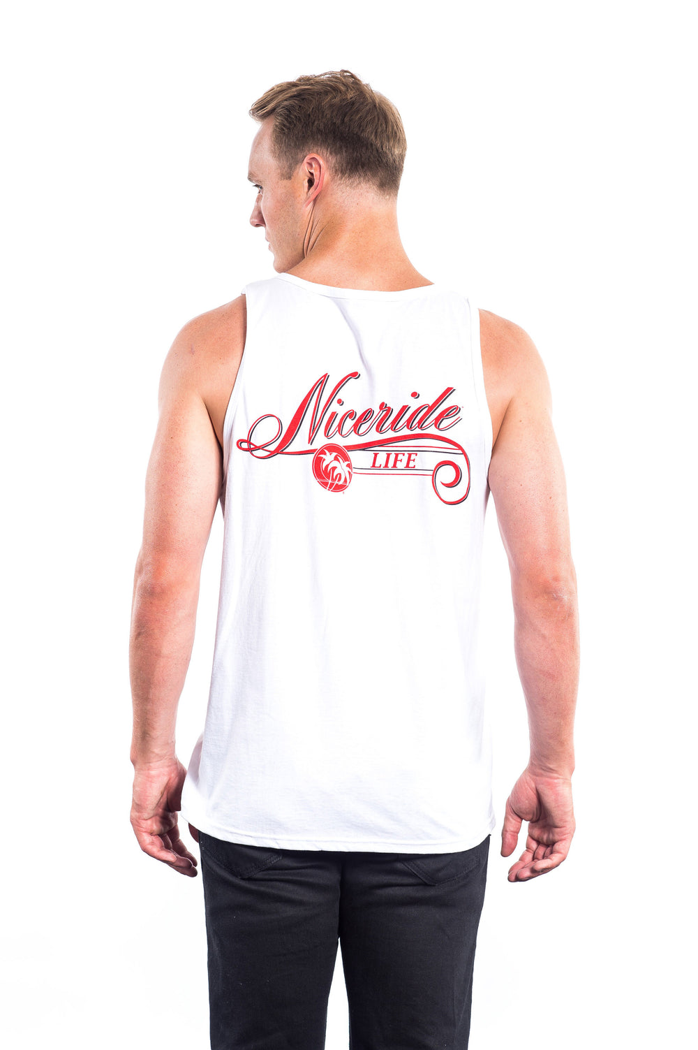 The Life - White Fruit Of The Loom Mens Tank Top featuring NICERIDE'S logo on the back.