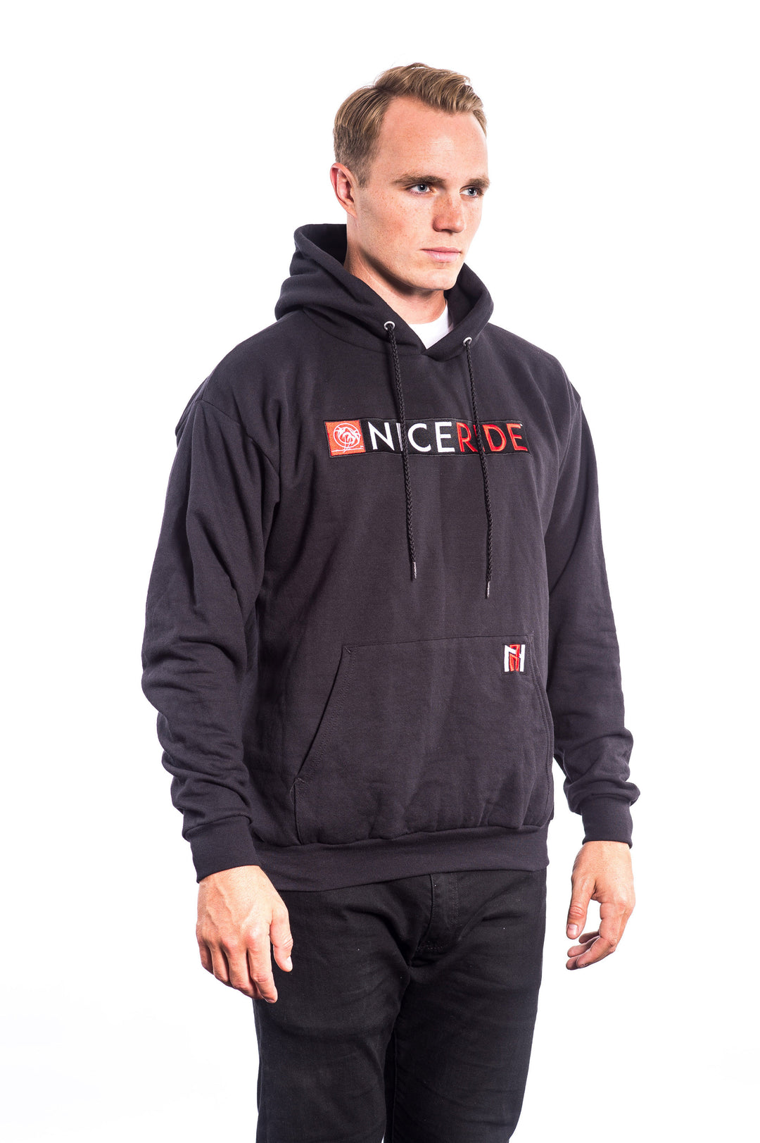 Black pullover hoodie for men and women featuring NICERIDE&