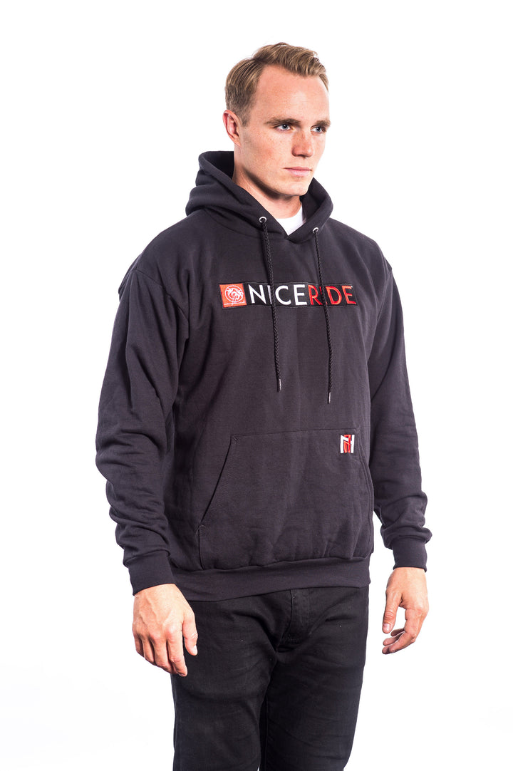 Black pullover hoodie for men and women featuring NICERIDE&