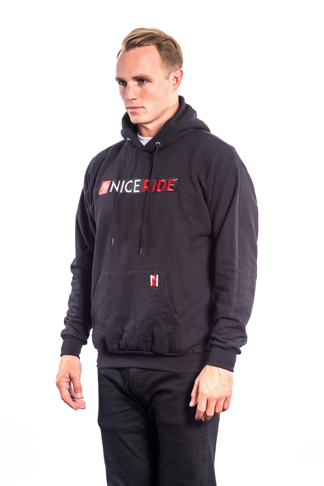 Black pullover hoodie for men with NICERIDE design, showcasing stylish comfort for everyday wear.