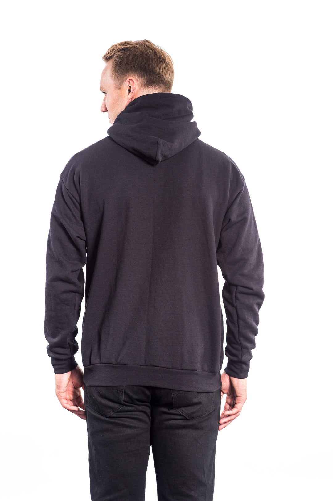 Back view of a man wearing an N-R Combo black pullover hoodie, showcasing its comfortable fit and stylish design.