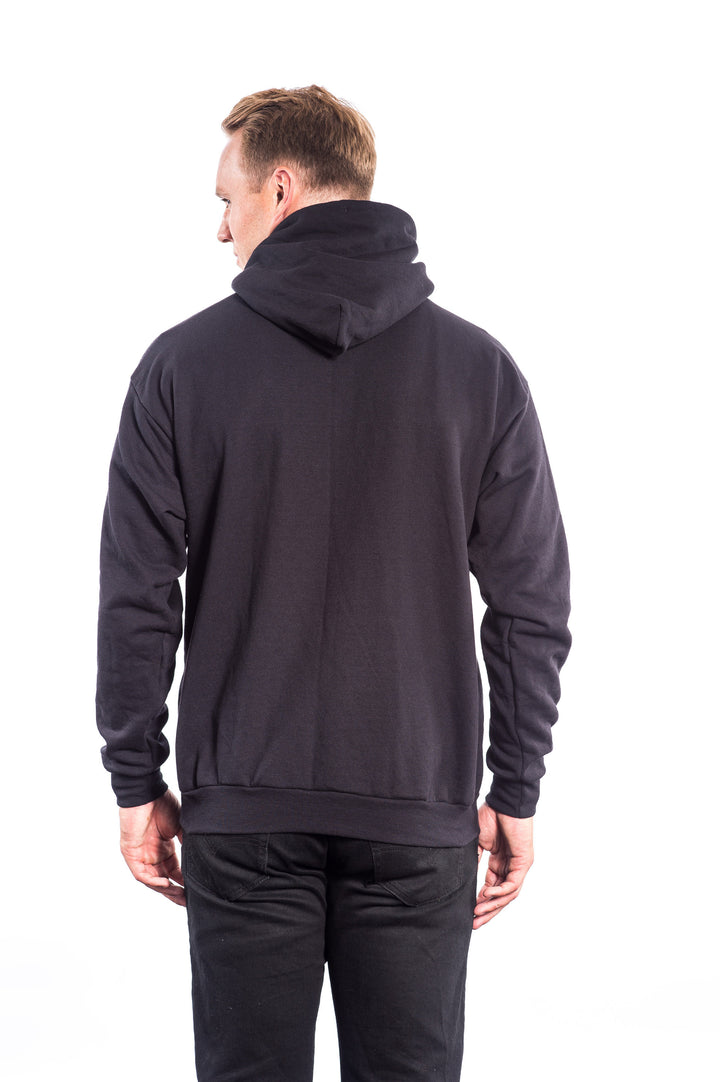 Back view of a man wearing an N-R Combo black pullover hoodie, showcasing its comfortable fit and stylish design.