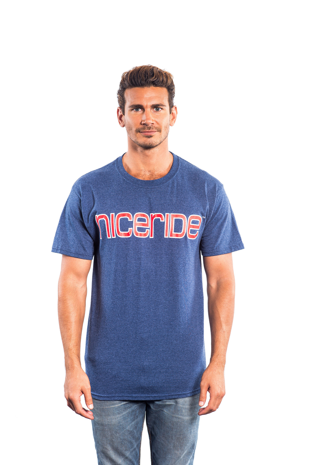 Model wearing the Bold Tower navy Hanes Men&