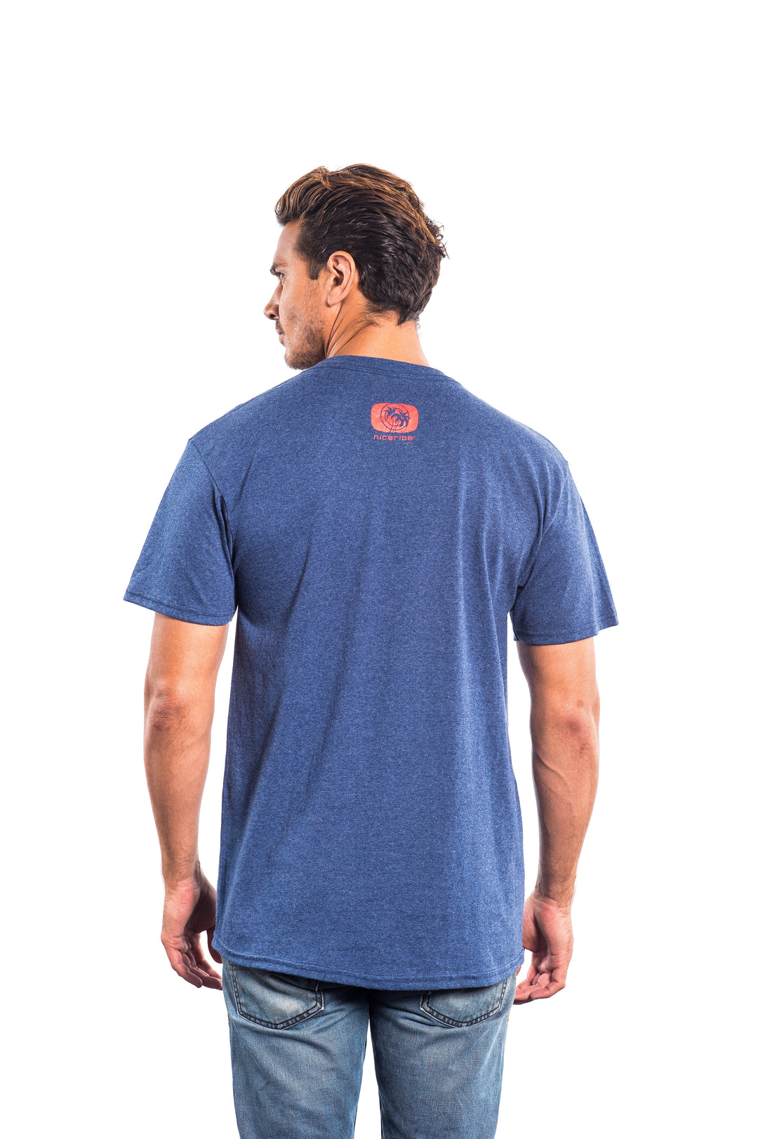 Back view of a man wearing a navy shirt featuring a printed logo on the back.