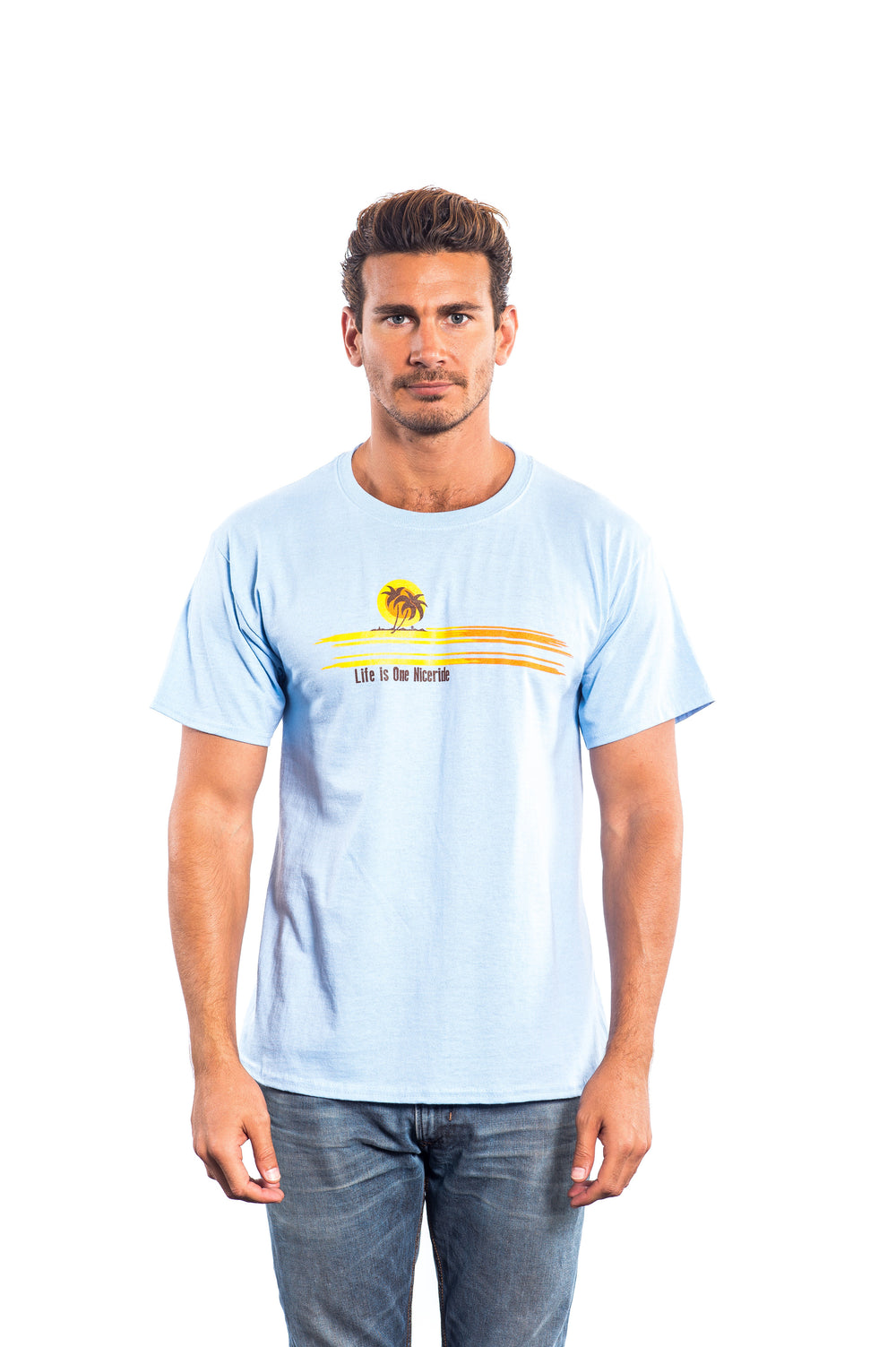 Sunset - Blue Hanes Men's 100% Cotton Short Sleeve T-Shirt featuring palm tree design on chest.
