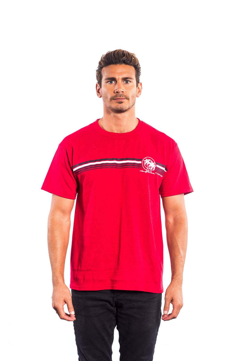 Boardwalk red Hanes Men's Cotton Blend Short Sleeve T-Shirt featuring NICERIDE logo on the front.