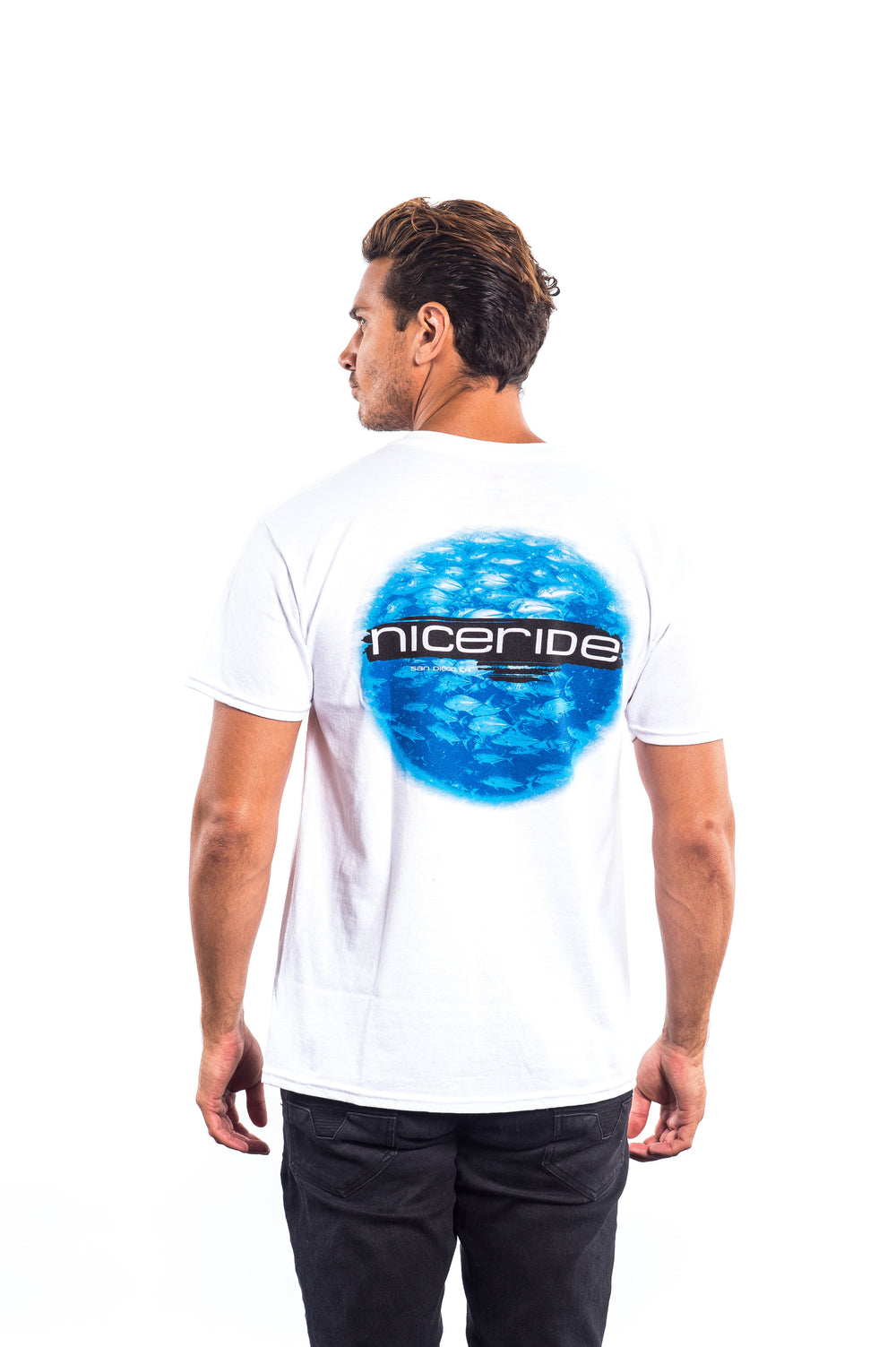 Back view of a man wearing a white t-shirt with a blue graphic and "niceride" logo, showcasing a stylish design.