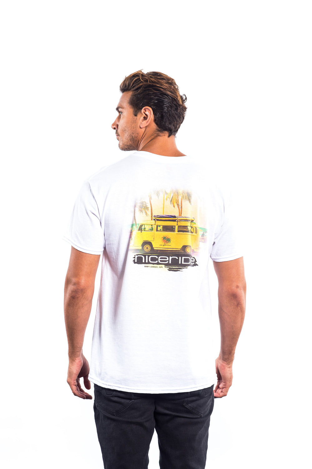 Baja Men's Quality Hanes White Short Sleeve Shirt featuring NICERIDE's design printed on the back.