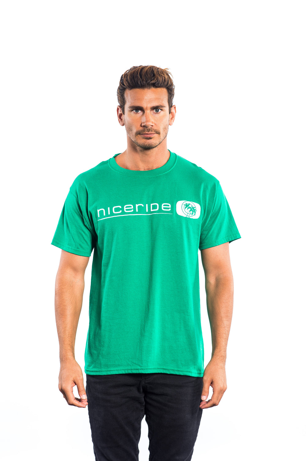Men's Hanes cotton blend shirt in green with NICERIDE logo, short sleeve design, perfect for indoor and outdoor activities.