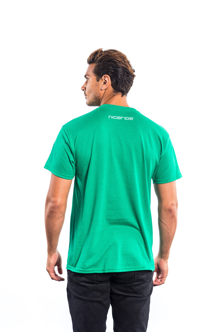 Back view of a man wearing a green shirt from NICERIDE, showcasing the logo on the rear yoke.