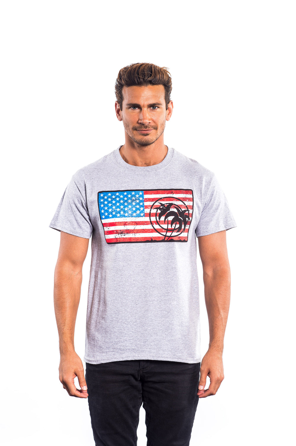 Independence Palm shirt featuring American flag and palm design, worn by a man in gray Hanes Tagless short sleeve tee.