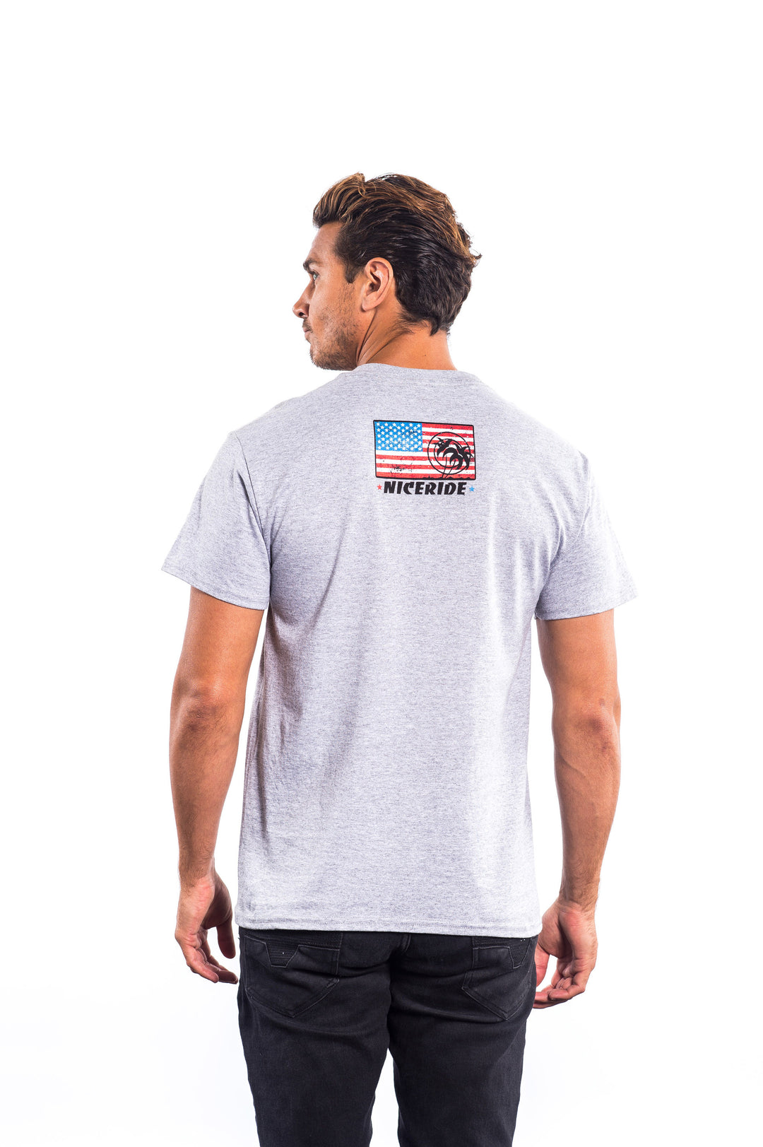 Back view of a man wearing the Independence Palm gray Hanes Men&