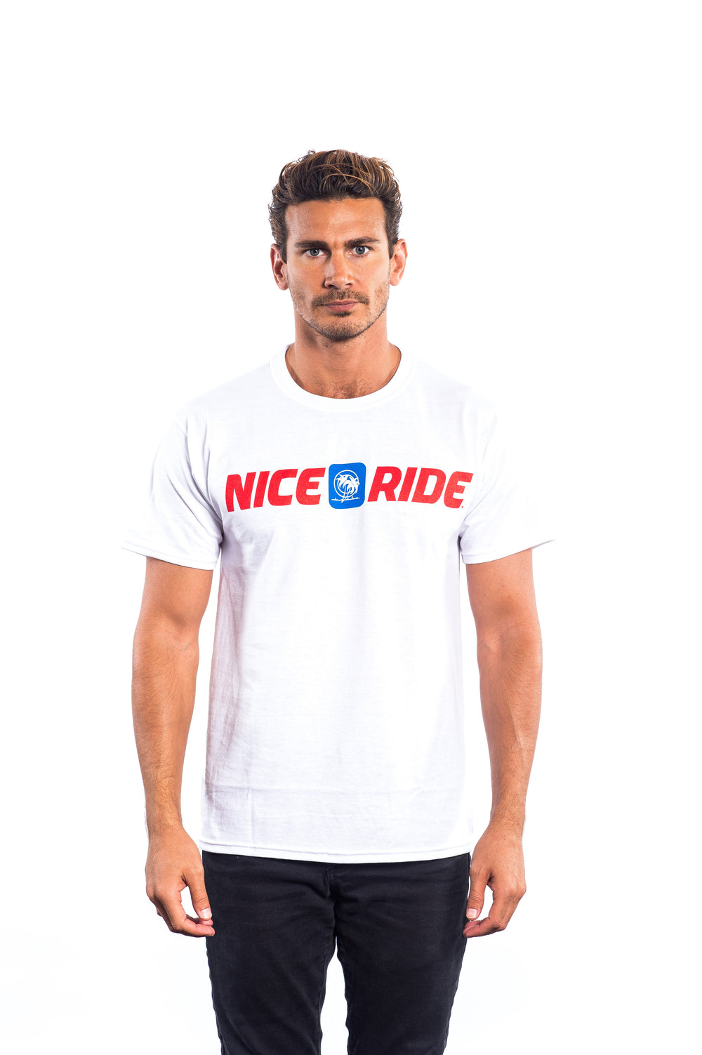 White Hanes Men's Comfort Blend Short Sleeve T-Shirt featuring NICERIDE design, ideal for indoor and outdoor activities.