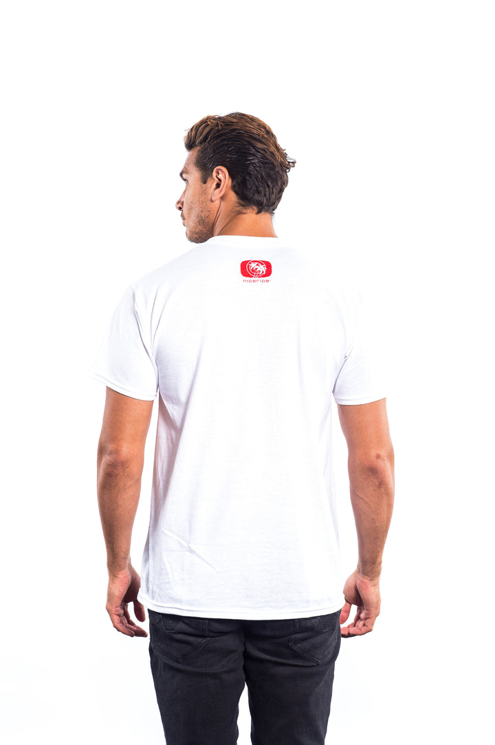 Back view of a man wearing a white Hanes Men&