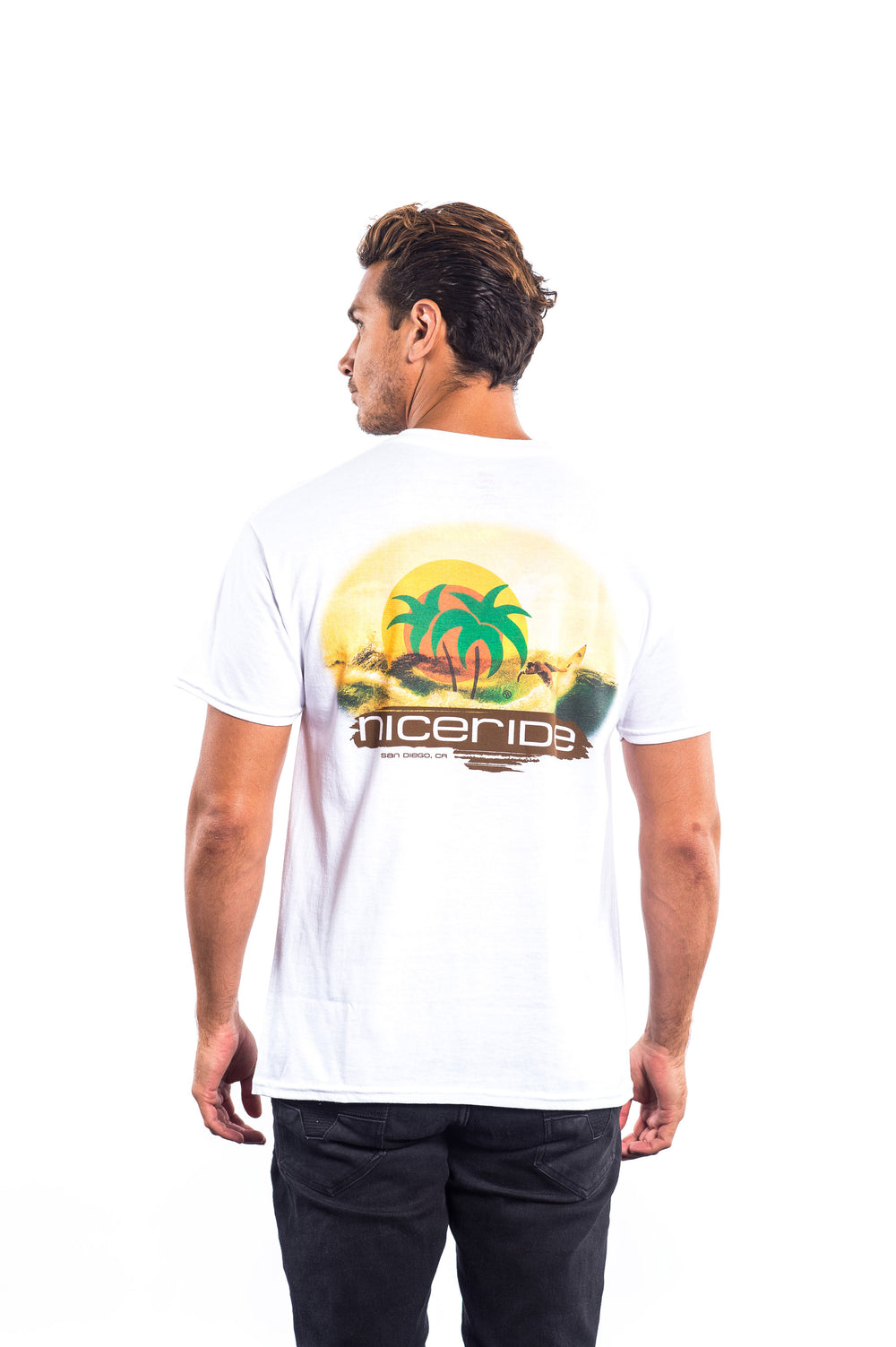 Man wearing Island - White Hanes Men's Comfort Blend Short Sleeve T-Shirt with NICERIDE design on the back.