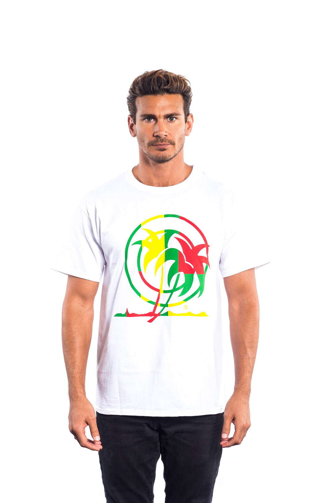 Jamaican Breeze t-shirt design featuring vibrant palm trees on a white Hanes Men&