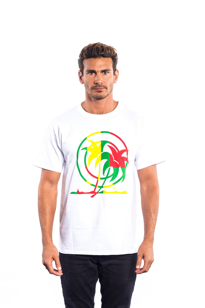 Jamaican Breeze t-shirt design featuring vibrant palm trees on a white Hanes Men&
