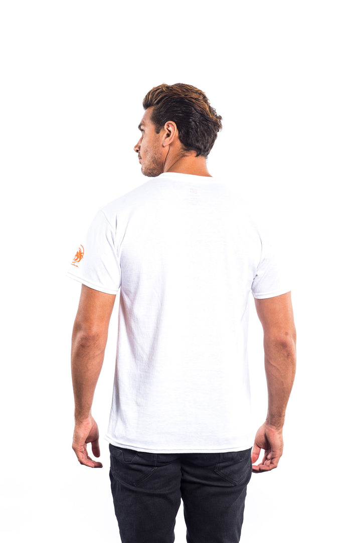 Back view of a man wearing a white Hanes Men&