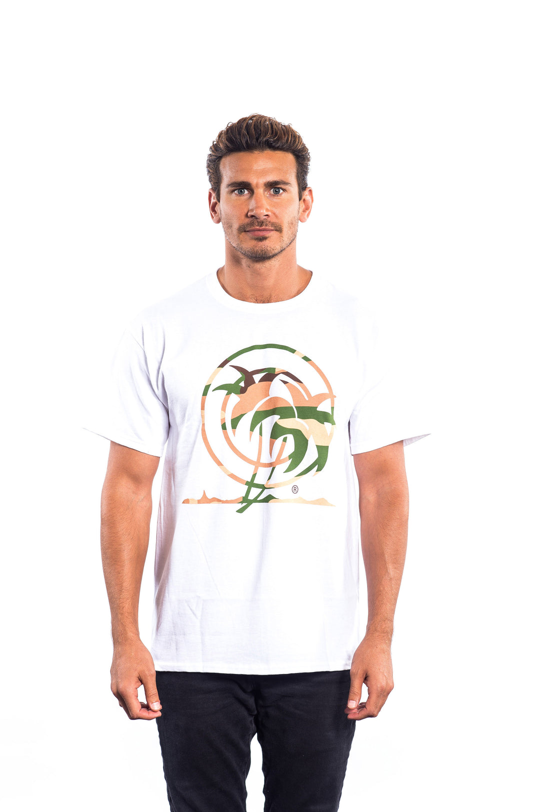 Open Season shirt featuring NICERIDE camo palm logo on a white Hanes t-shirt with short sleeves.