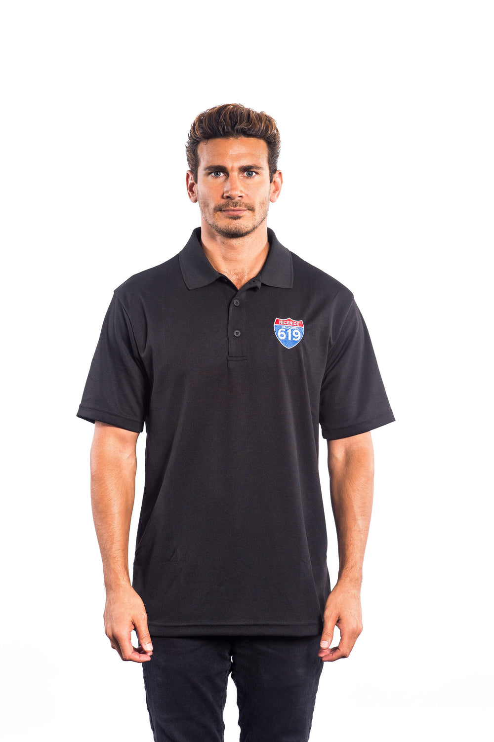 Black men's golf shirt featuring the Interstate 619 logo on the left chest, perfect for casual and active wear.