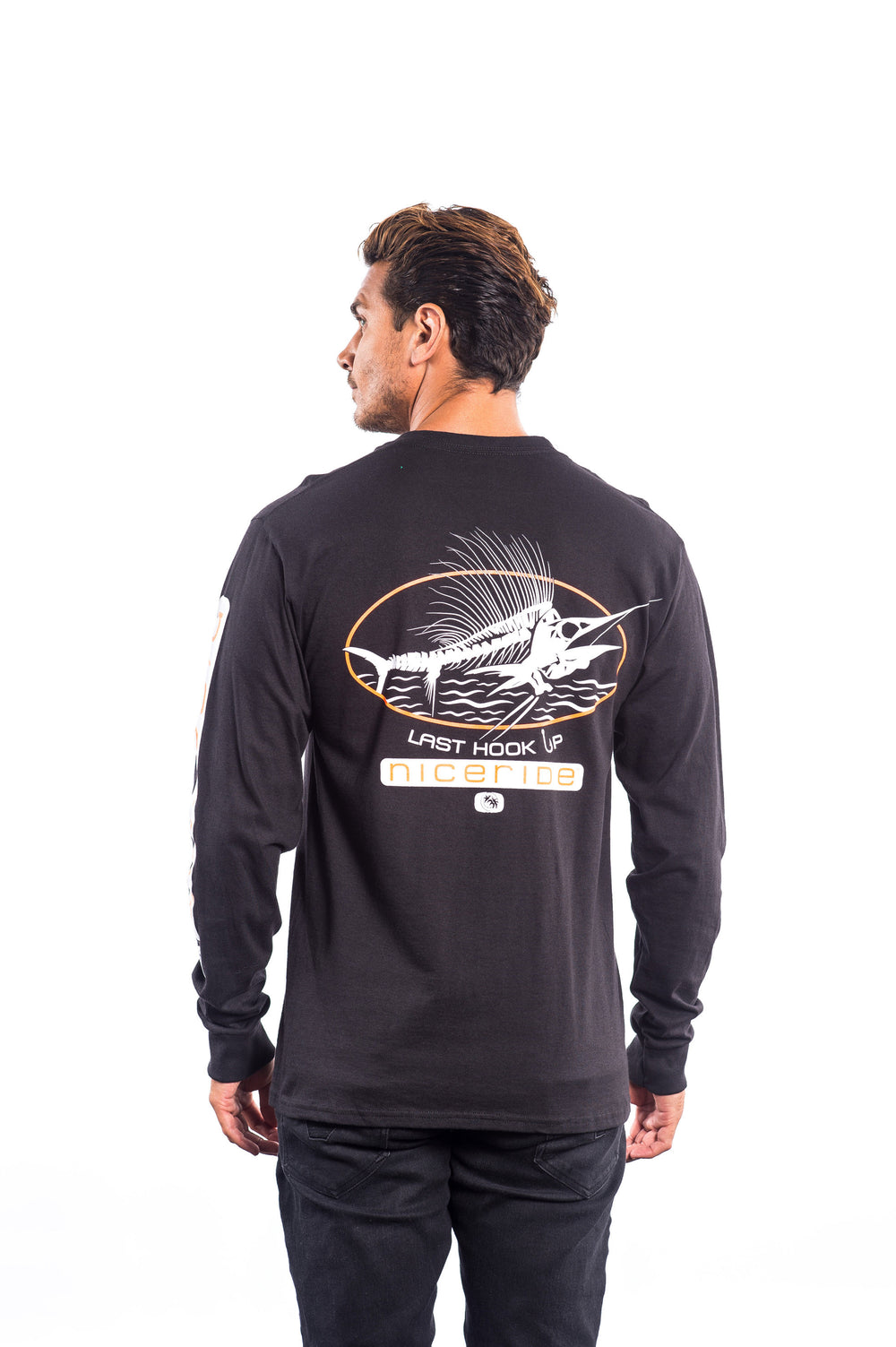 Men's black Hanes pre-shrunk 100% cotton long sleeve shirt featuring 'Last Hook Up' design on back and left chest.
