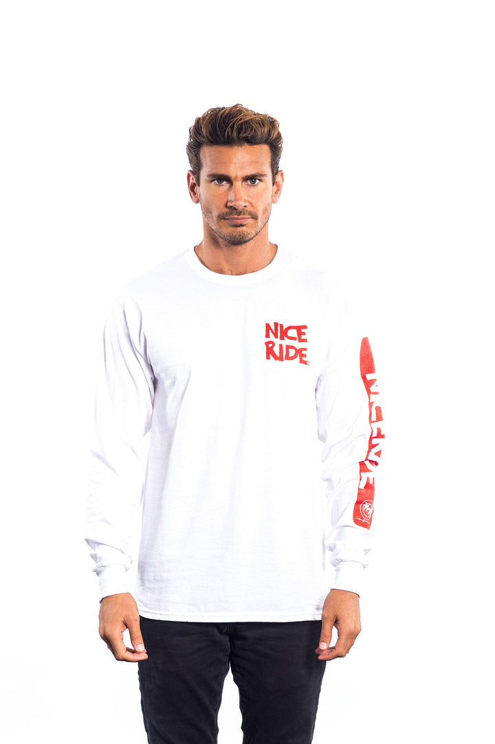 White long sleeve shirt featuring NICERIDE logo on front and sleeve, model standing, casual style.