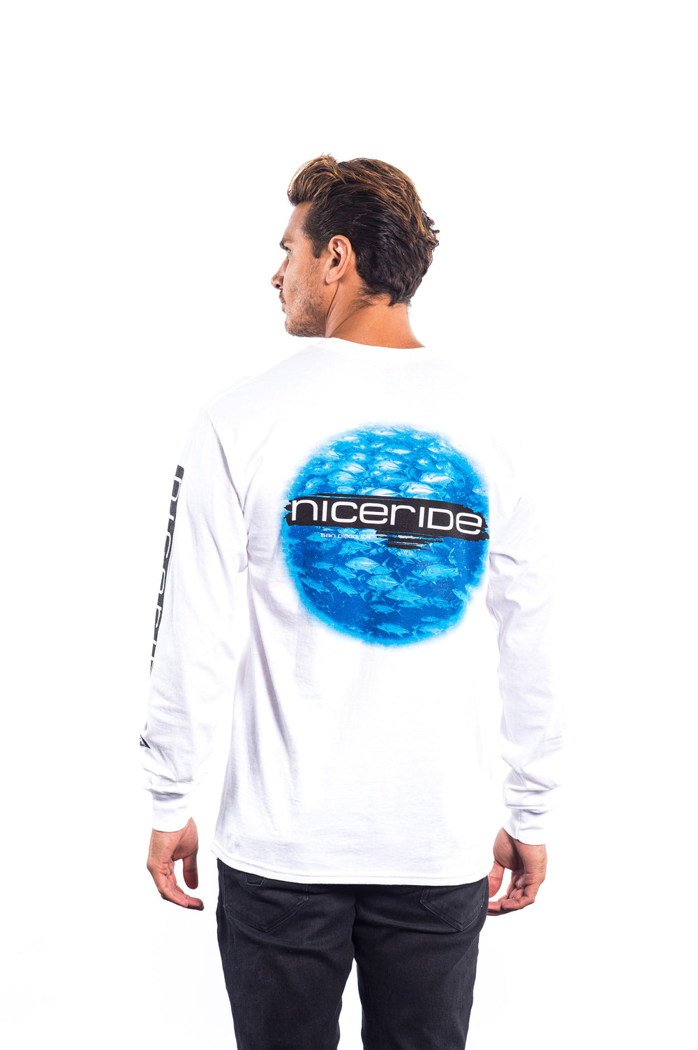 Feeding Time white Hanes men's long sleeve cotton shirt showcasing NICERIDE design on the back and left sleeve.