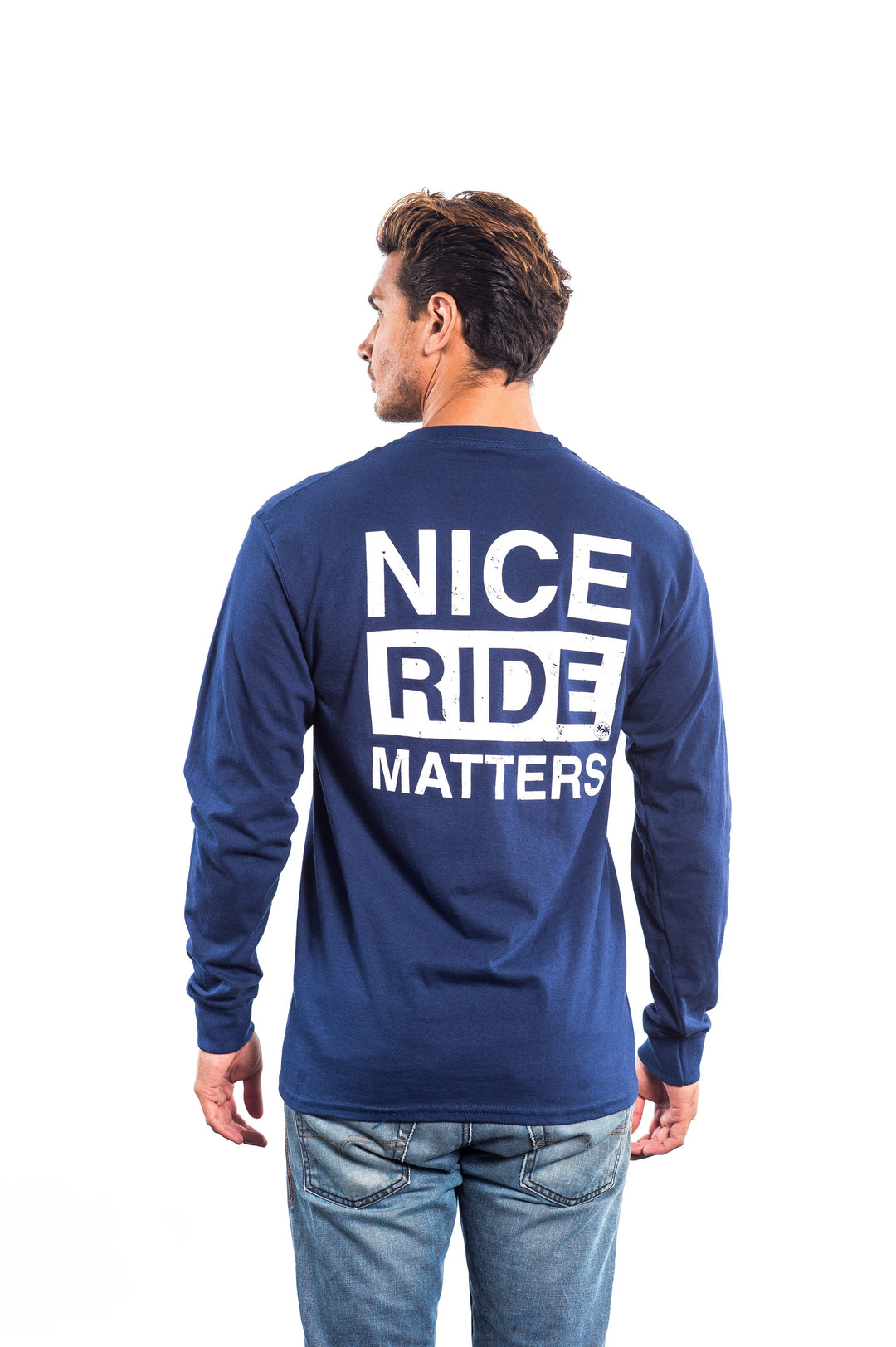 Model wearing NICERIDE MATTERS long sleeve shirt from Hanes, showcasing the back design.