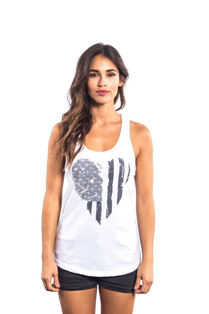 Heartbeat (Grey Tone) tank top featuring American flag design in grey on a white Next Level Women&