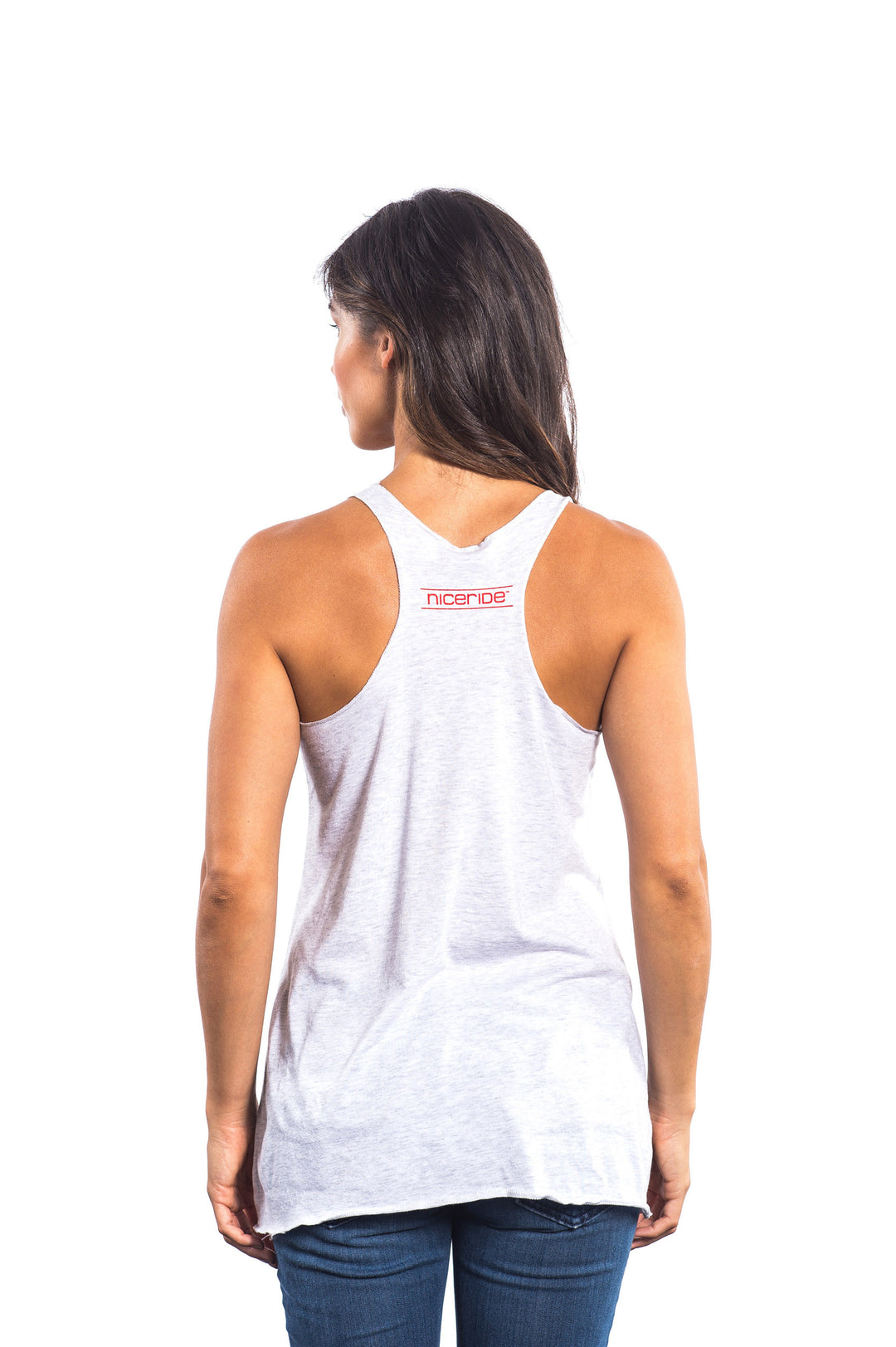 Back view of a woman wearing a Red, White, Booze tank top, showcasing the NICERIDE logo on the rear.