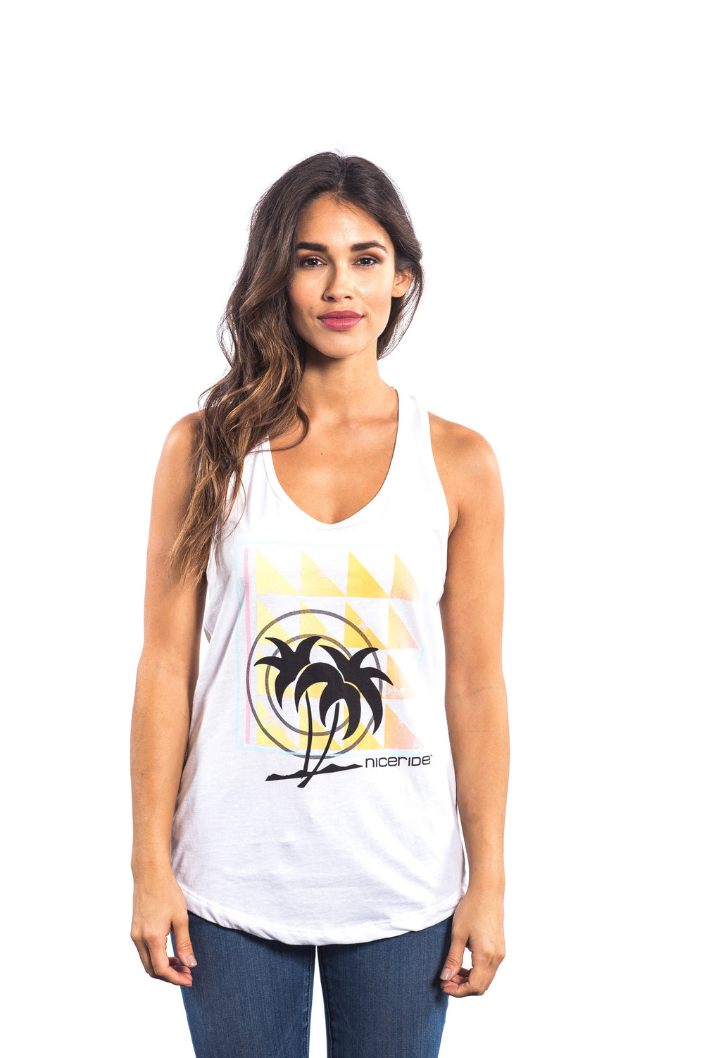 Model wearing Valley Girl white tank top with palm logo from NICERIDE, showcasing a stylish and comfortable fit.