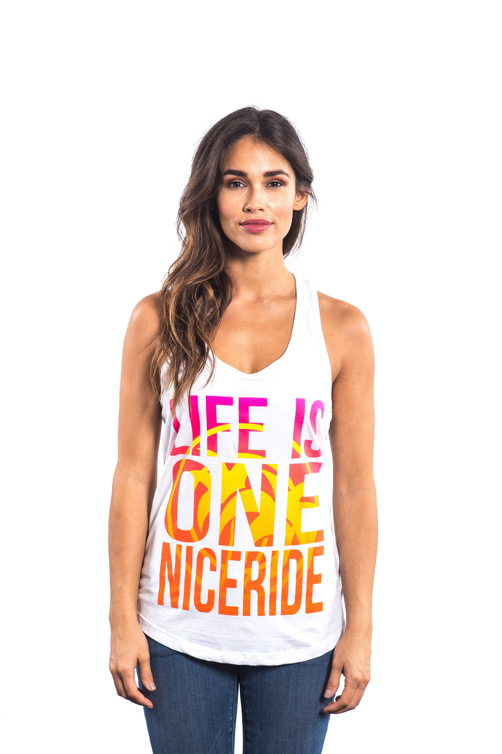 Model wearing Life Is One NICERIDE design on a women's white racerback tank top.