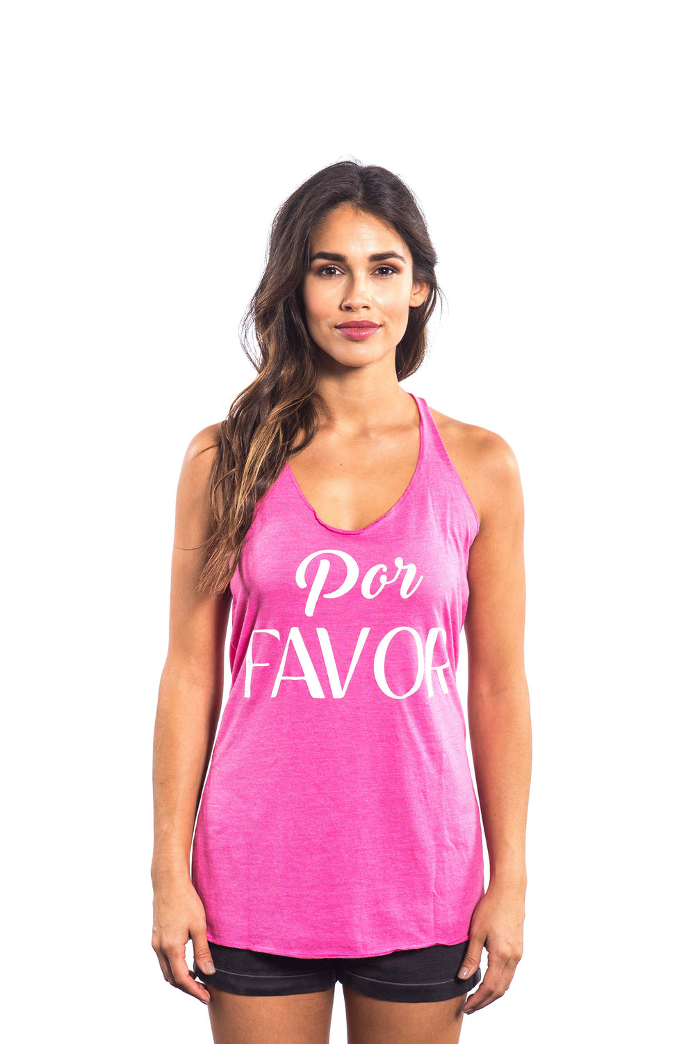 Por Favor tank top in pink on model, showcasing vintage racerback style and ultra-soft fabric.