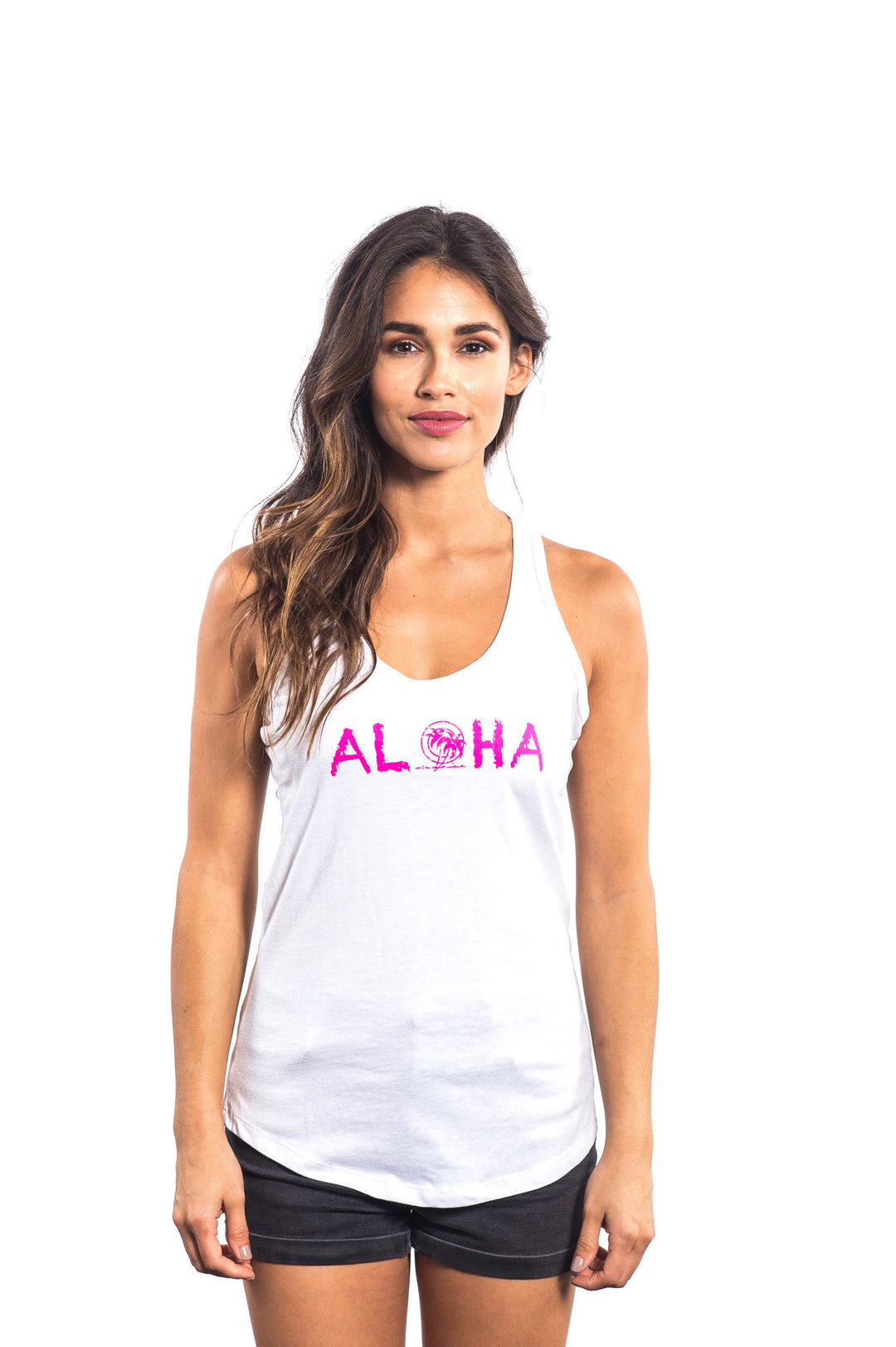 Maui white tank top featuring Aloha logo, a women&