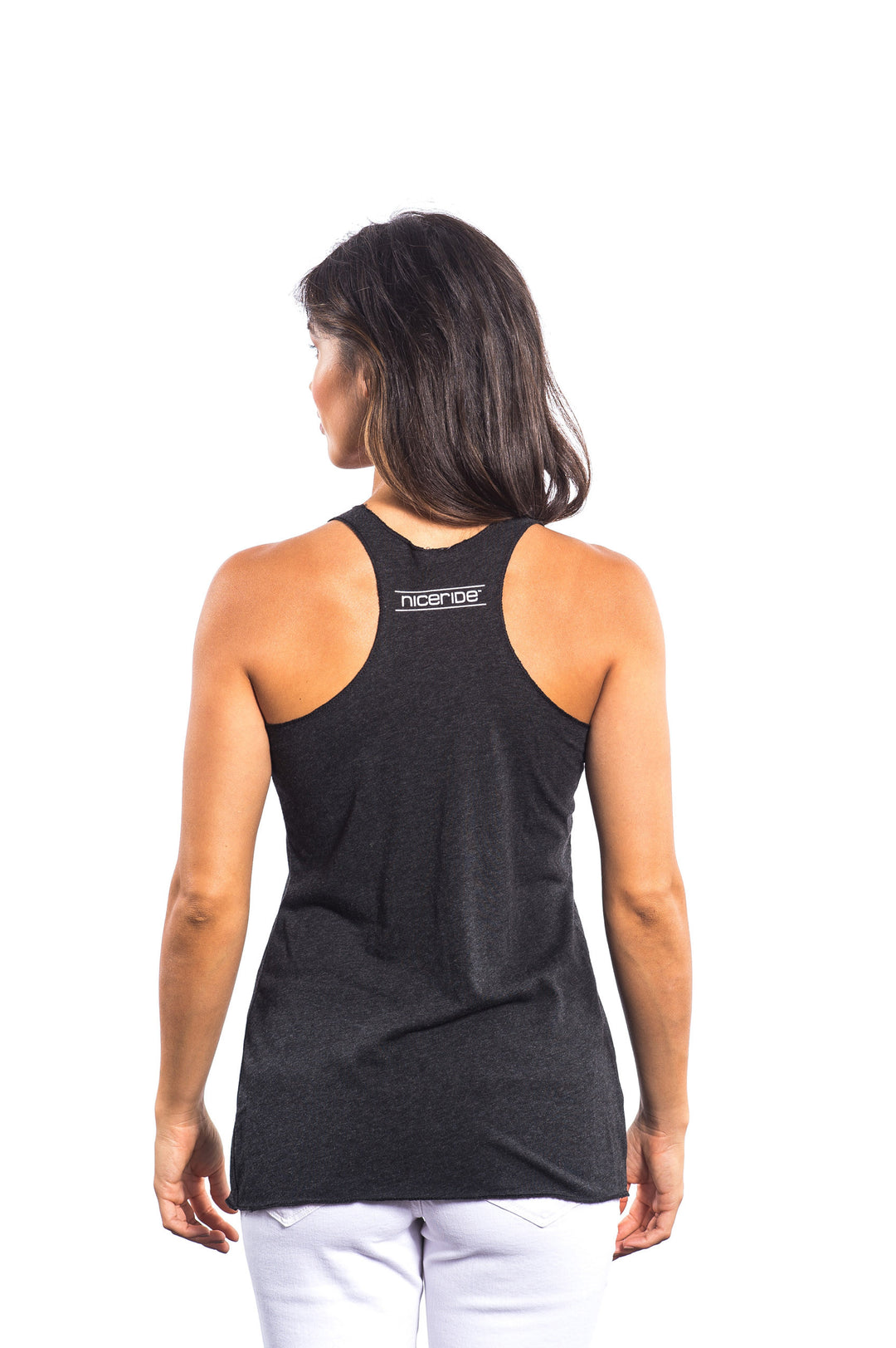 Back view of a woman wearing a black tank top with NICERIDE logo, showcasing the vintage racerback design and ultra-soft material.